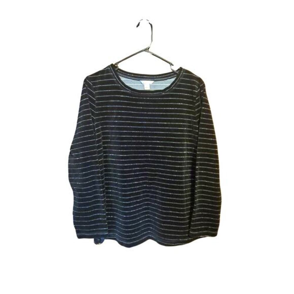 White Stag Velour Top Womens Sz L Black Silver Metallic Long Sleeve